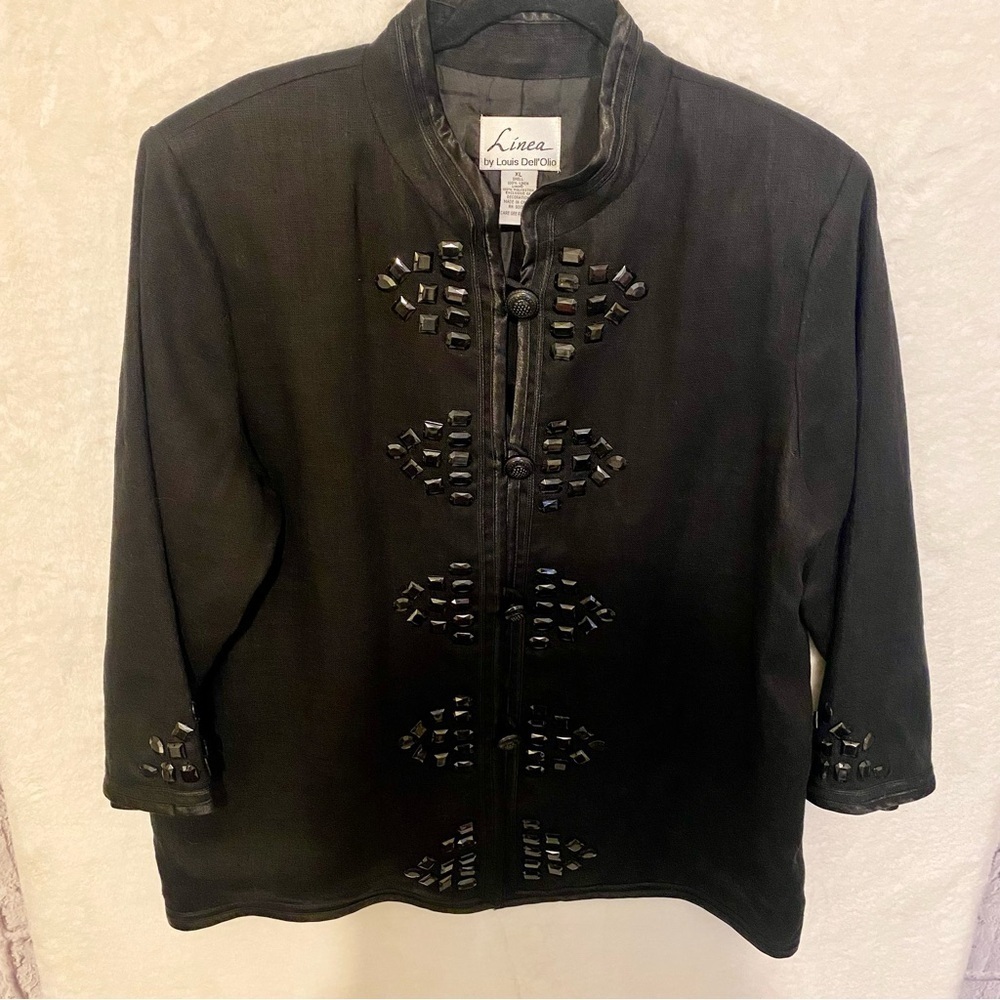 Linea Black Linen Evening Jacket Blazer XL Gems Satin Trim Black Tie Cocktail
